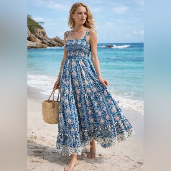 Zara Dresses & Skirts - Zara Blue Floral Smocked Maxi Dress Tiered Boho Sundress Pom Poms Lace Medium